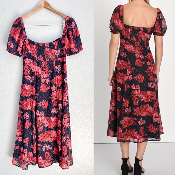 Truly Charming Black & Red Floral Puff Sleeve Cutout Midi Dress S NWOT - Picture 3 of 11